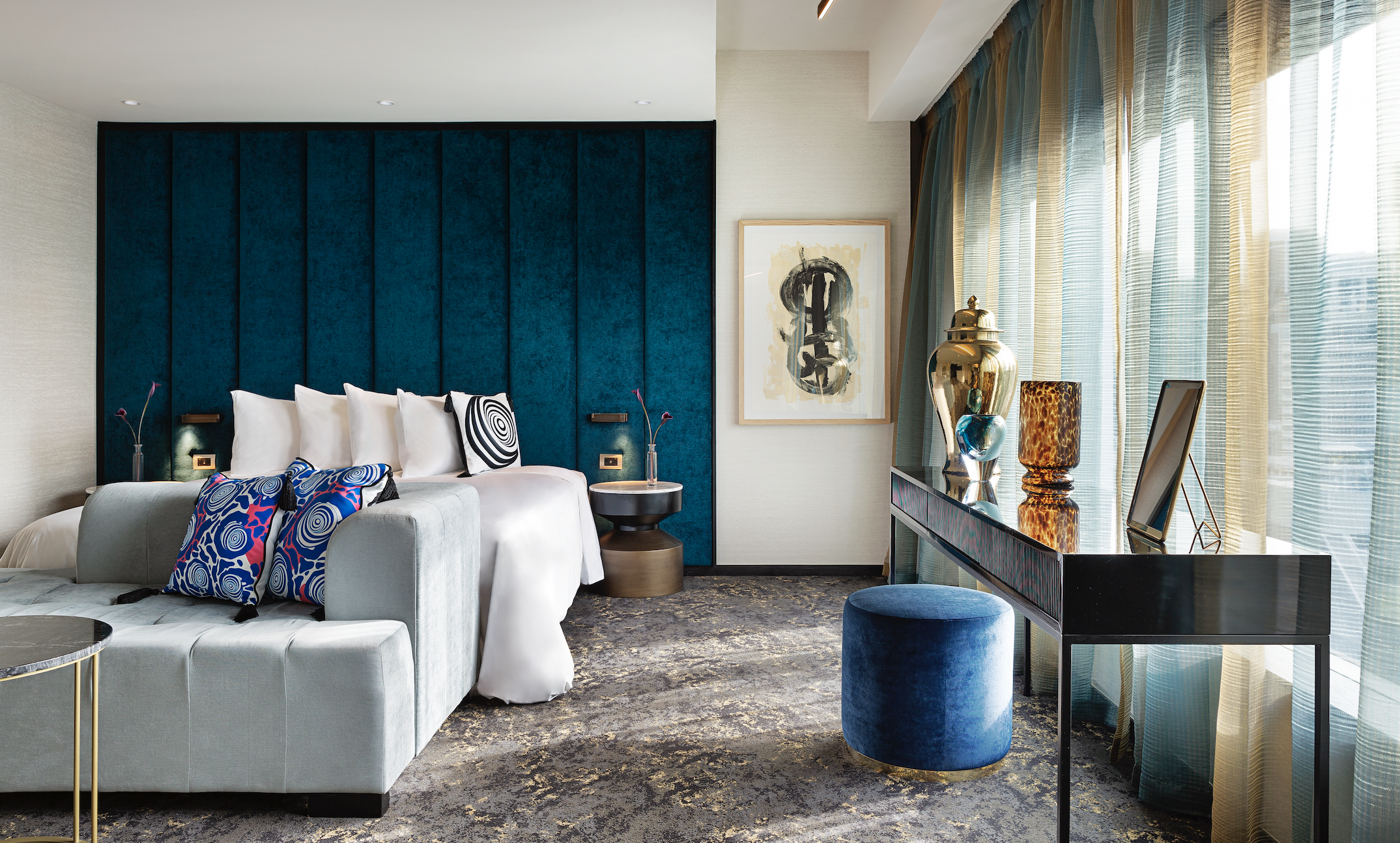 SO/ Auckland Voucher room stay Waitemata Room SO/ Auckland blue headboard white bed Waitemata Room